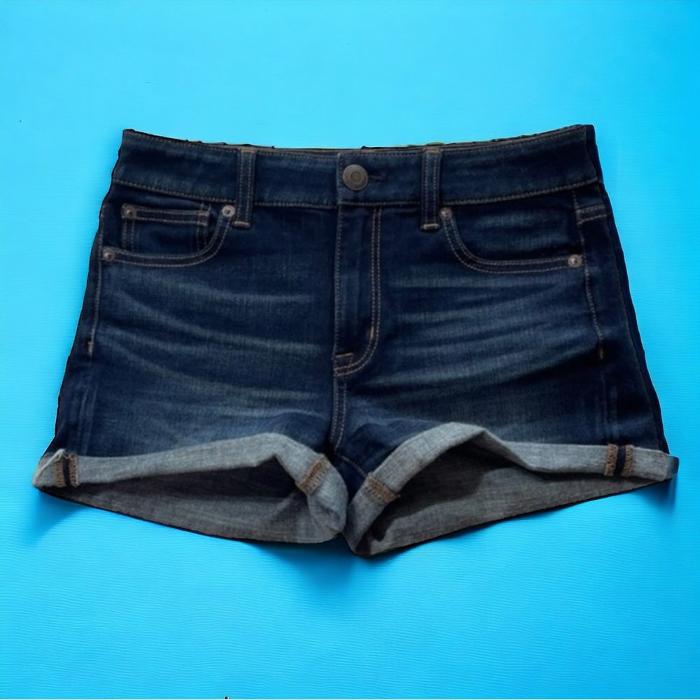 Jean Shorts‎ American Eagle Size 4 Hi-Rise 360 Super Stretch Shortie Denim Roll